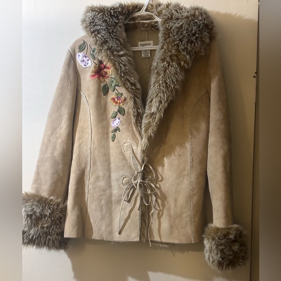 Together Tan Teddy suede Jacket with Floral Embroidery - Picture 3 of 16